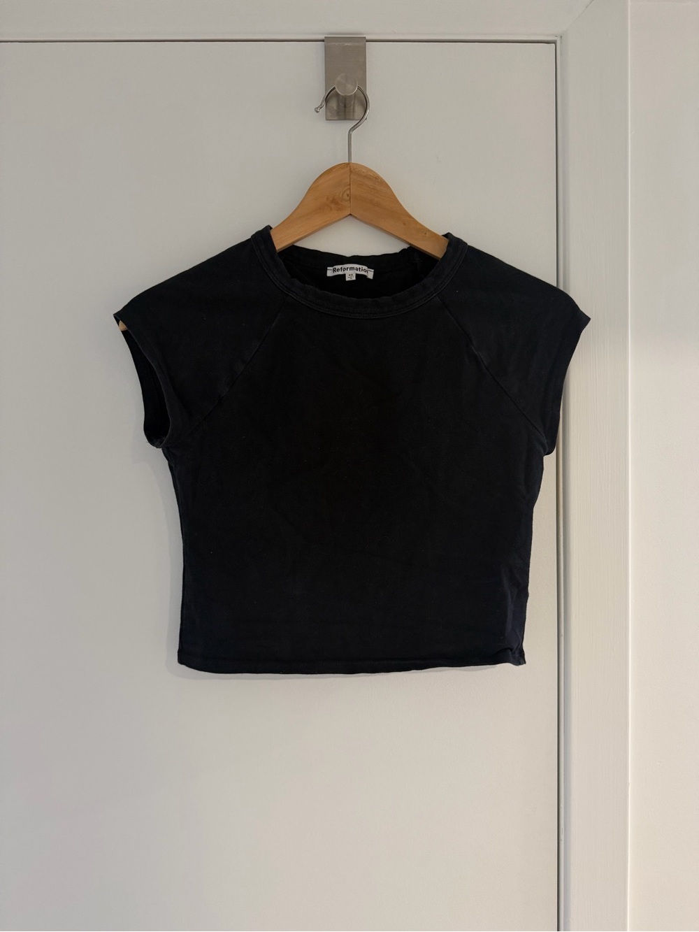 Reformation Black Crewneck Cap-Sleeve Crop Top